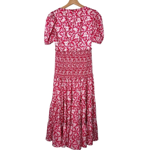 LIKELY AVRA BITTERSWEET & WHITE FLORAL SMOCK WAIST PUFF SLEEVE V NECK MIDI DRESS - Picture 5 of 15